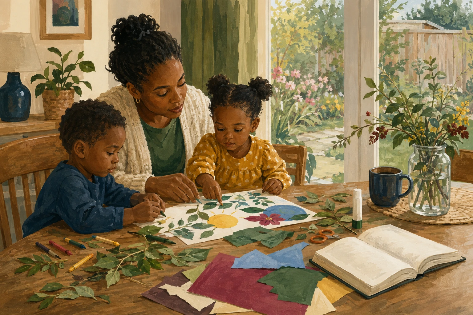 Illustration of a mother and two children making a creation collage at their family table.