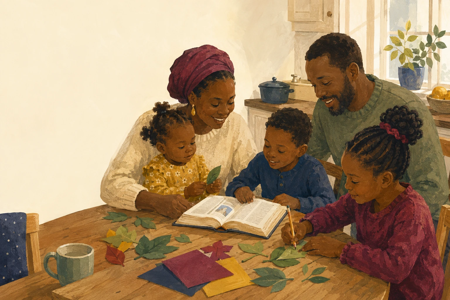 Illustration of a family reading an open Bible and making a leaf craft together at a kitchen table.