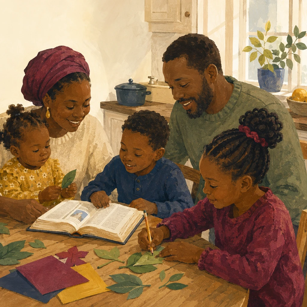 A family reading and creating together around an open Bible.