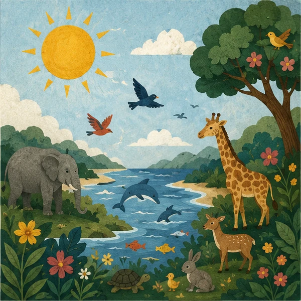 Creation scene with plants, animals, sky and water.