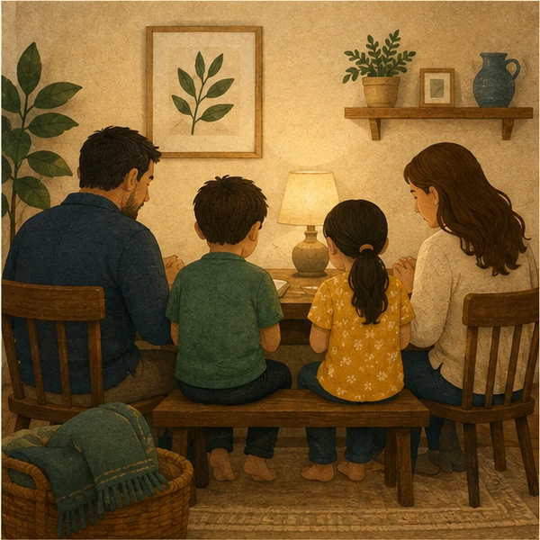 Family sitting together for a calm prayer moment.