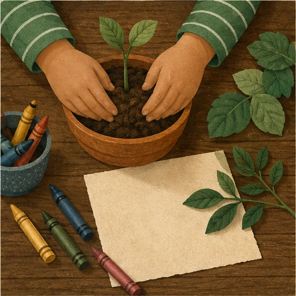 Children's hands planting a seedling beside paper and crayons.