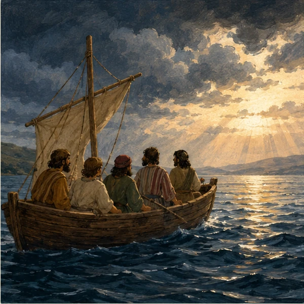 A small boat on a dark lake as storm clouds part and calm light reaches the water.