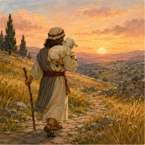 A gentle shepherd carrying a lamb home at sunset.