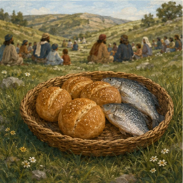 Basket of bread and fish on a hillside, representing Jesus' compassionate welcome.