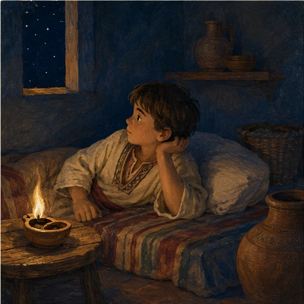 Young Samuel resting beside a warm lamp in the tabernacle at night.
